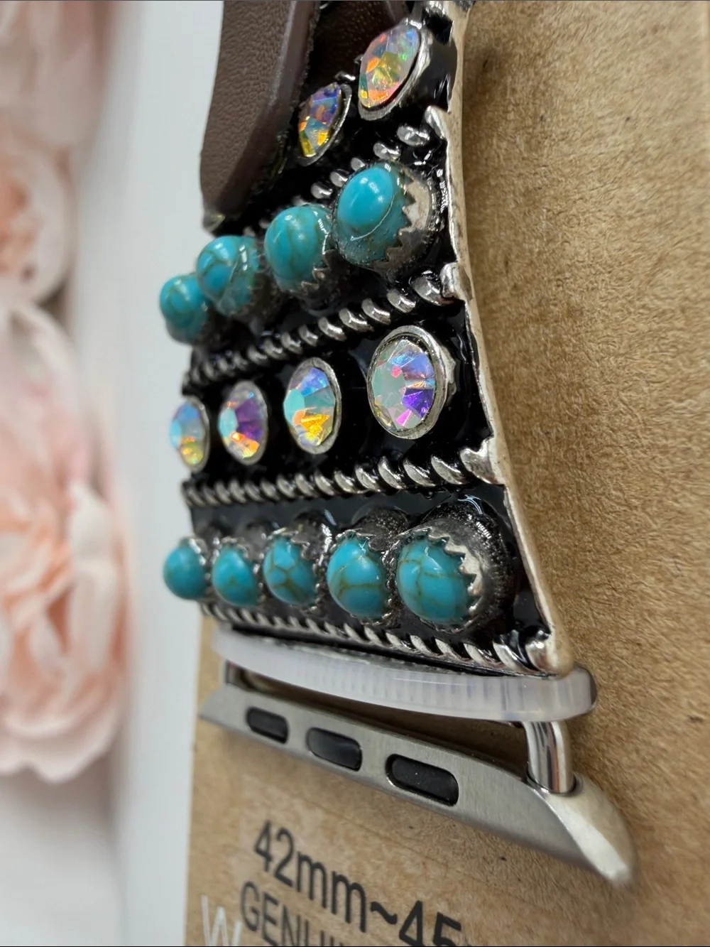 Brown Leather watch Band with Turquoise Beading 42mm~45mm